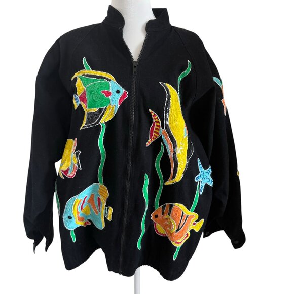 CACHE VINTAGE Ultra rare jacket embroidered fish sequins blackM MEDIUM RETRO